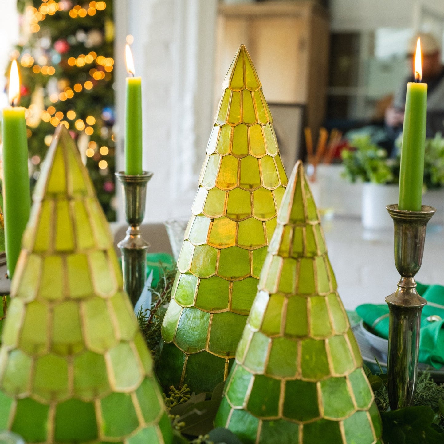 Capiz Trees Set of Three Green Instant Glowing Holiday Decor Trio Gift