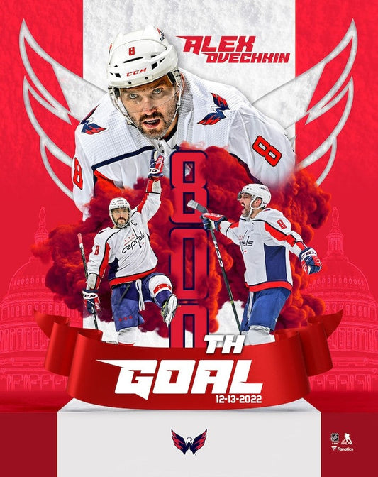 Hockey player with 'Alex Ovechkin' on a red and white background with text '800th Goal'.