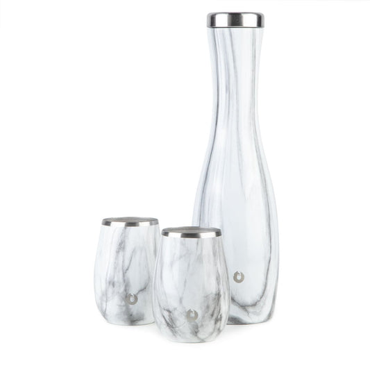 Clear glass carafe and two tumblers with silver rims on a white background
