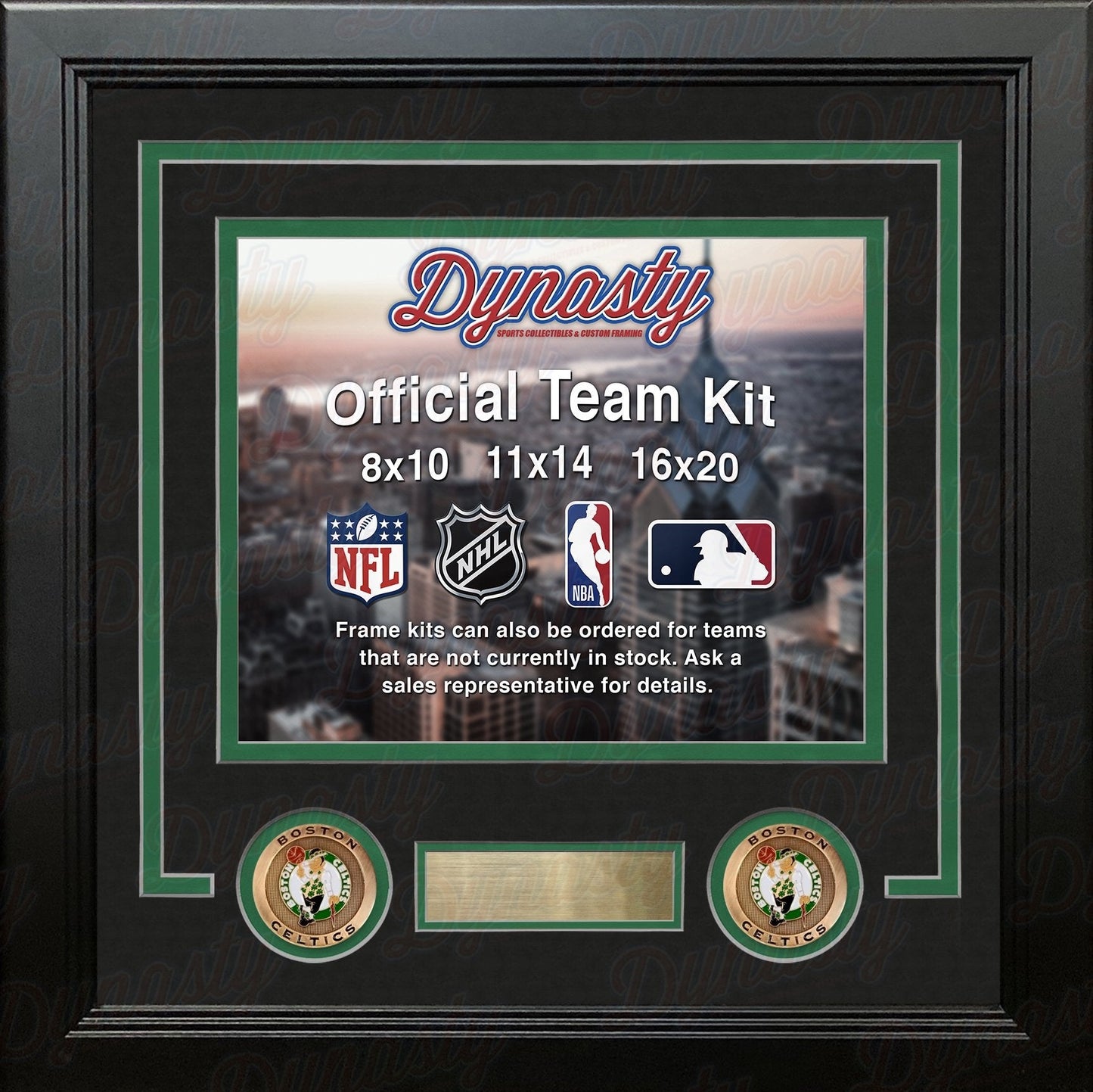 Framed product display with 'Dynasty' branding and sports league logos.