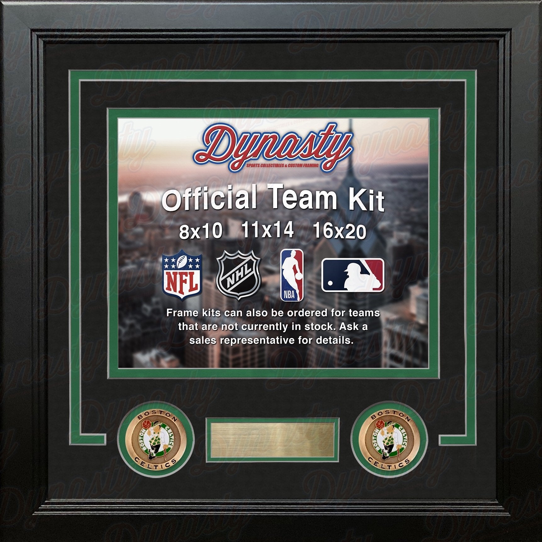 Framed product display with 'Dynasty' branding and sports league logos.