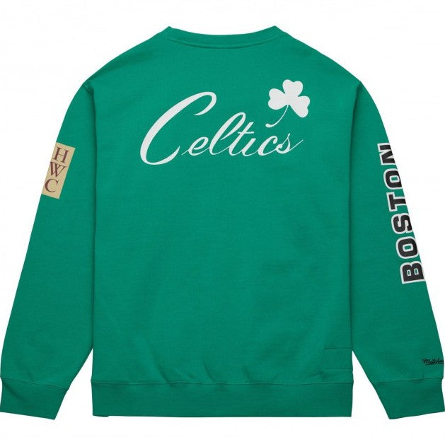 Green sweatshirt with 'Celtics' and 'Boston' text on a white background