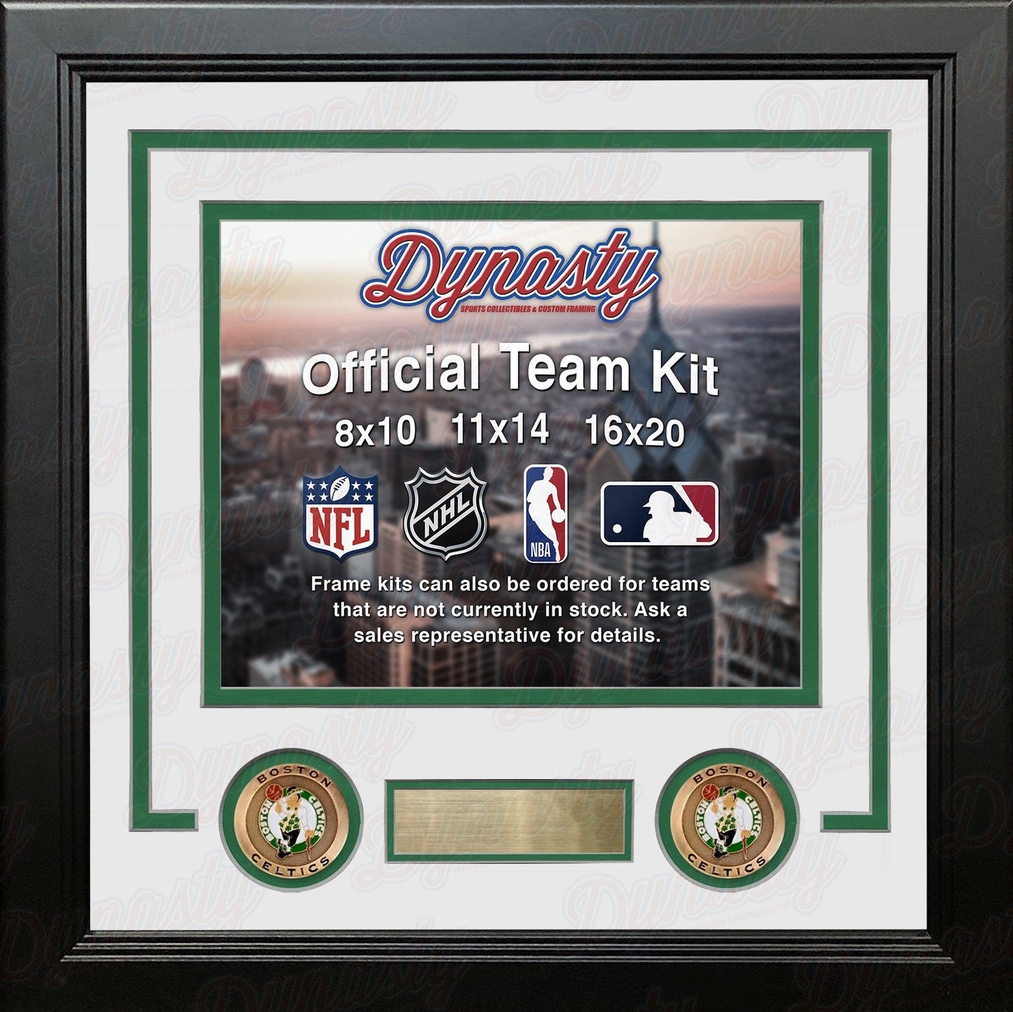 Framed 'Dynasty' official team kit with sports logos and text.