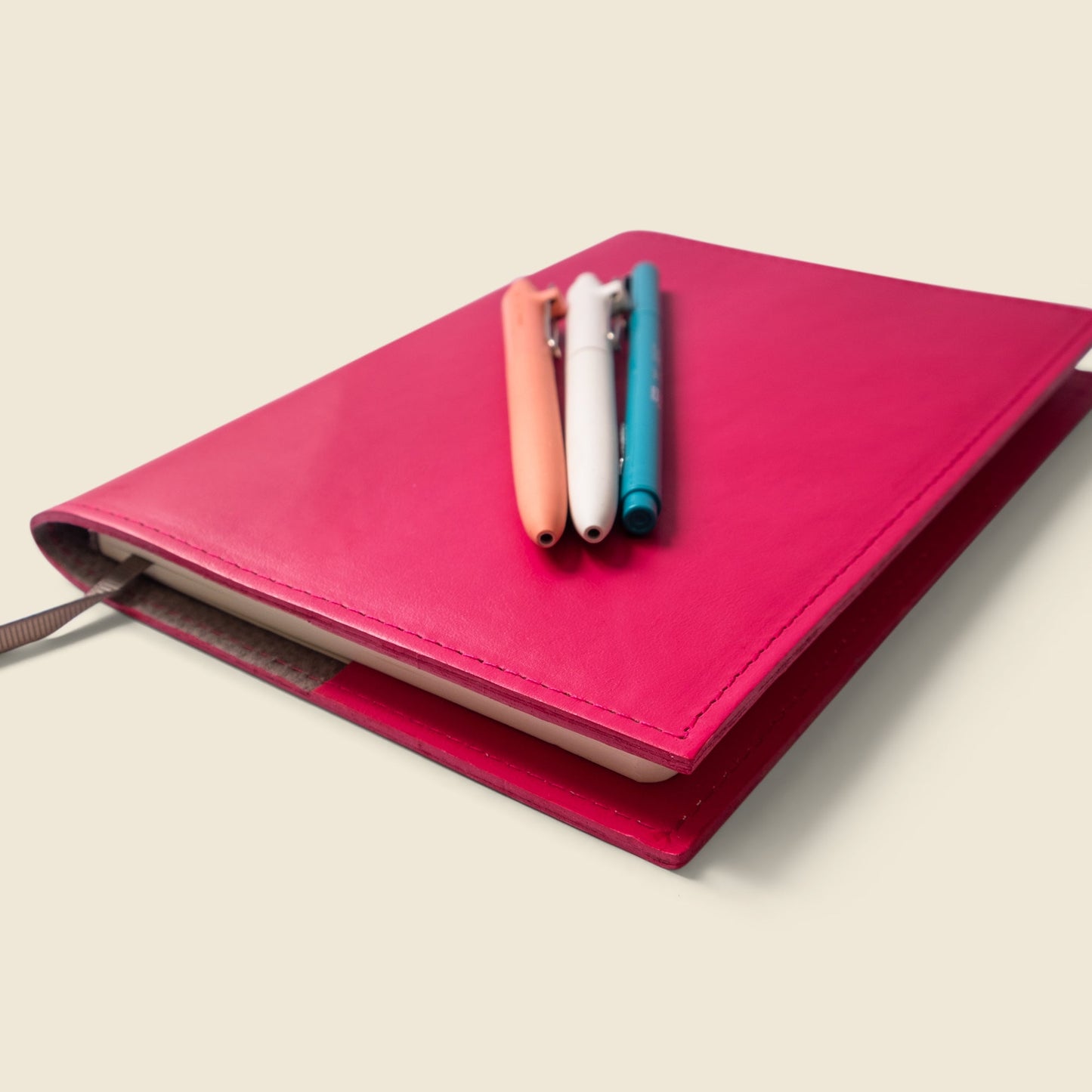 Refillable A5 Leather Notebook Cover — Pink