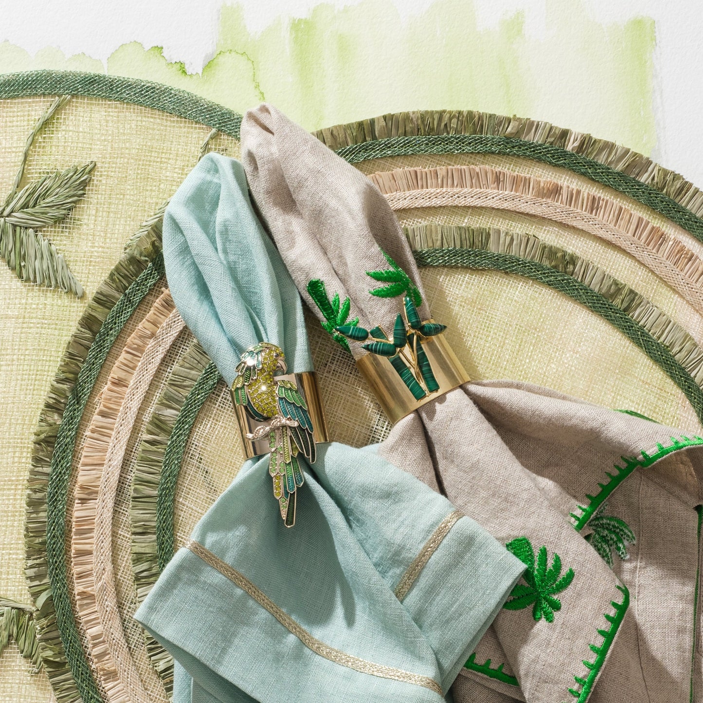 Palm Tree Embroidered Flax Dinner Napkins Set of Two