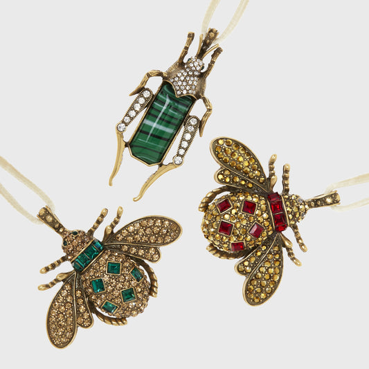 Jeweled insect hanging ornaments, ruby and emerald