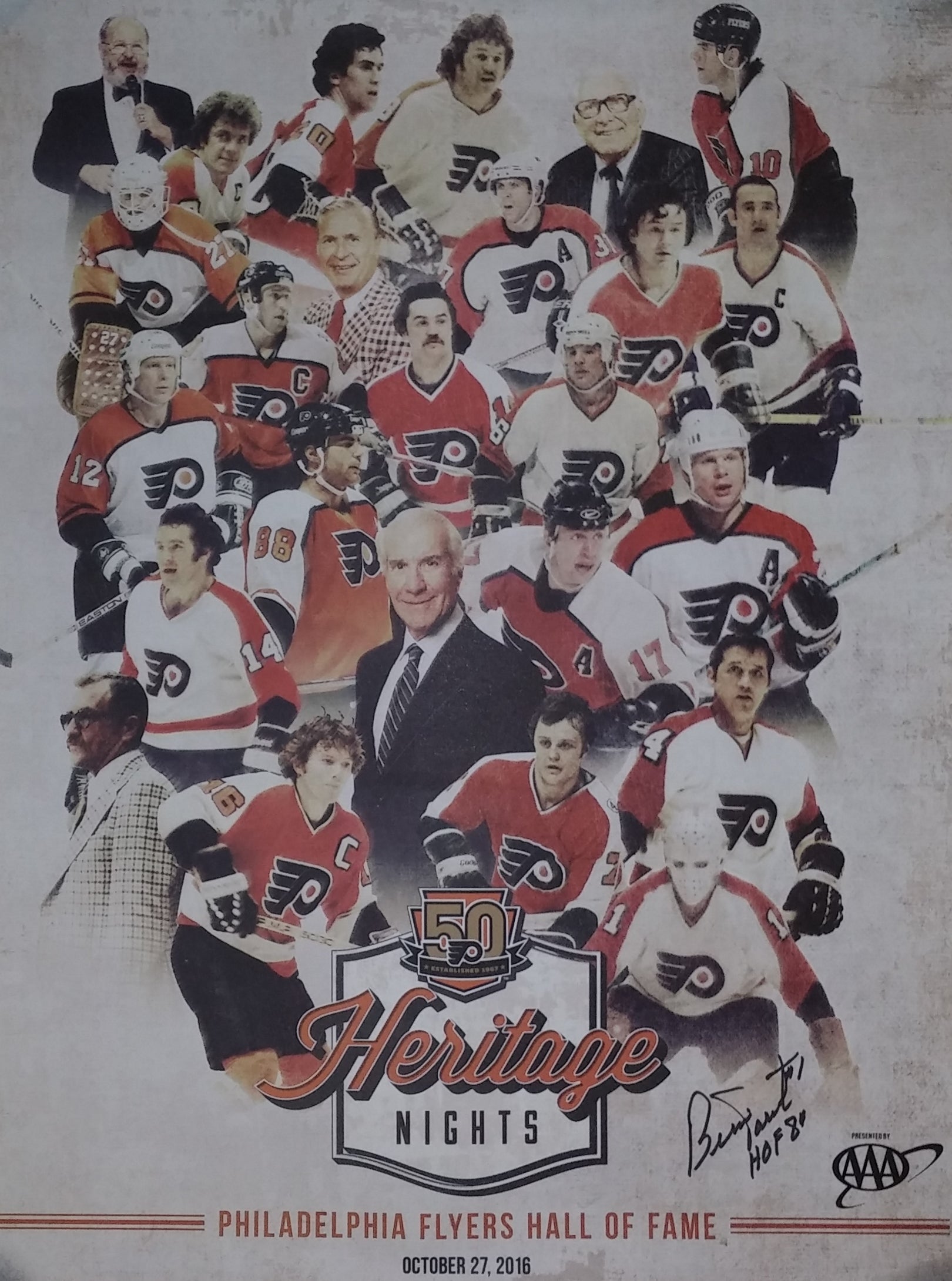 Collage of Philadelphia Flyers hockey players with a central figure, celebrating 50th Heritage Nights event.