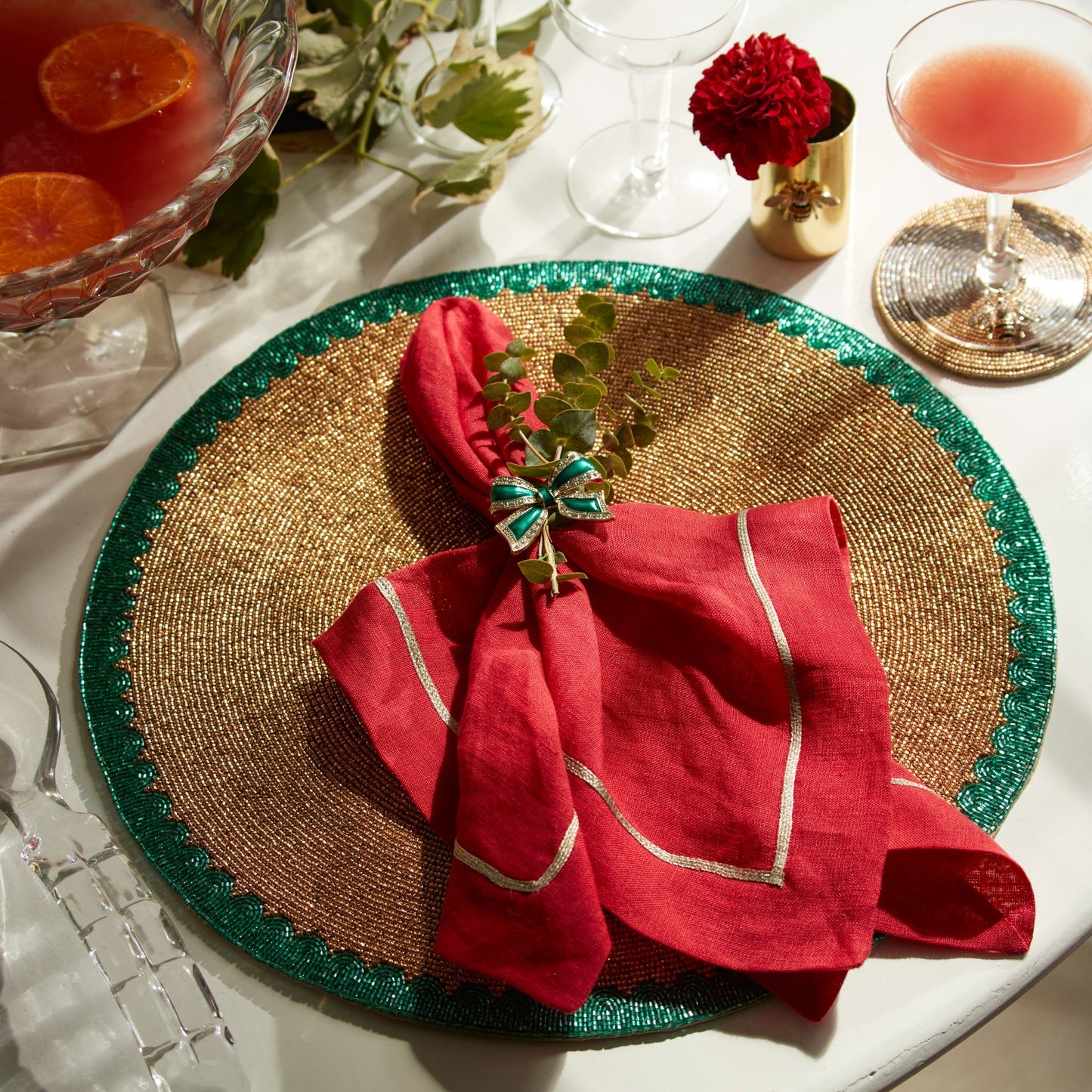 Enamel Bow Skinny Napkin Rings Green Set of Four Holiday Table