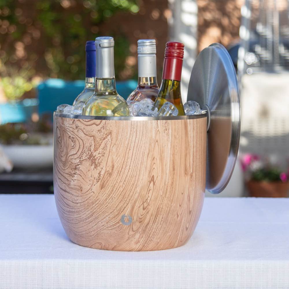 Extra-Large Insulated Teak Ice Bucket with Sliding Lid and Scoop