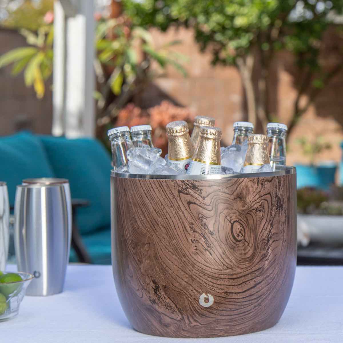 Extra-Large Insulated Teak Ice Bucket with Sliding Lid and Scoop