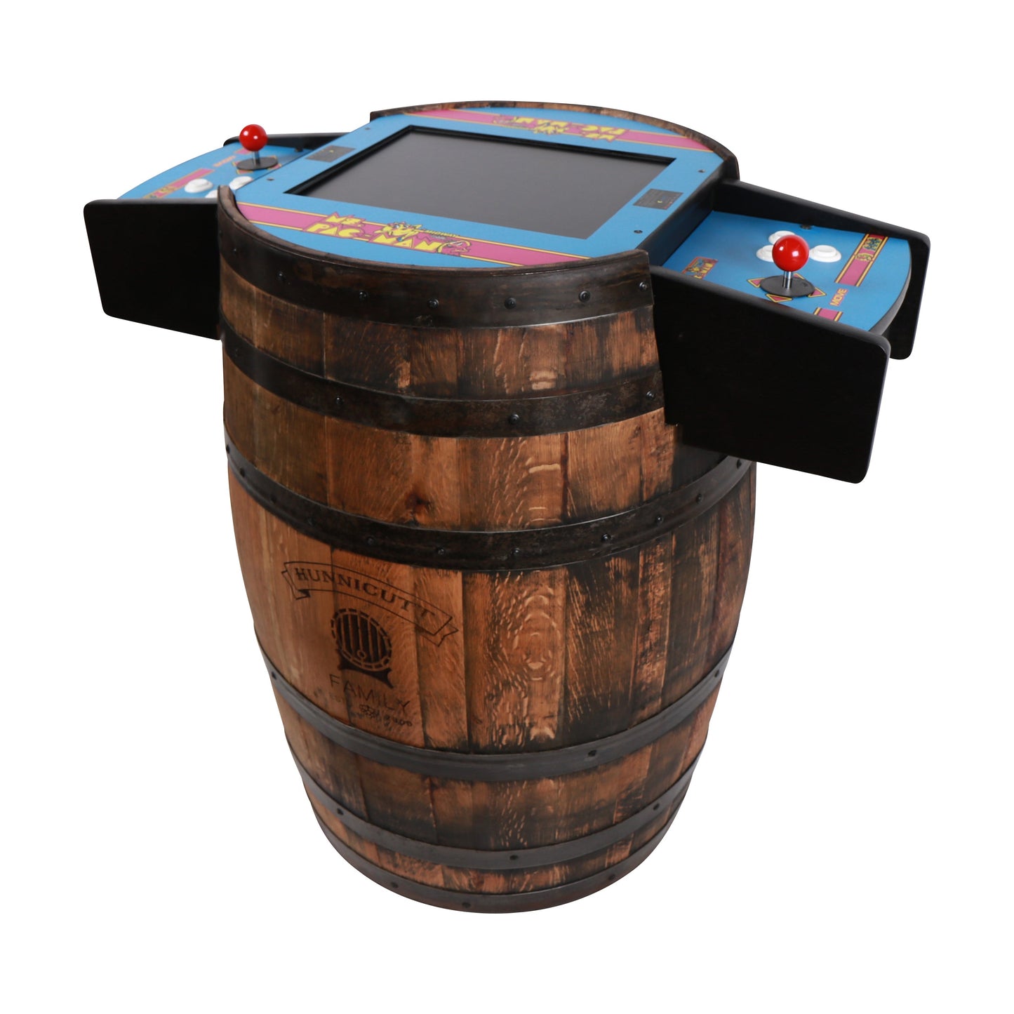Handmade Whiskey Barrel Arcade Table with 60 Classic Games Inside