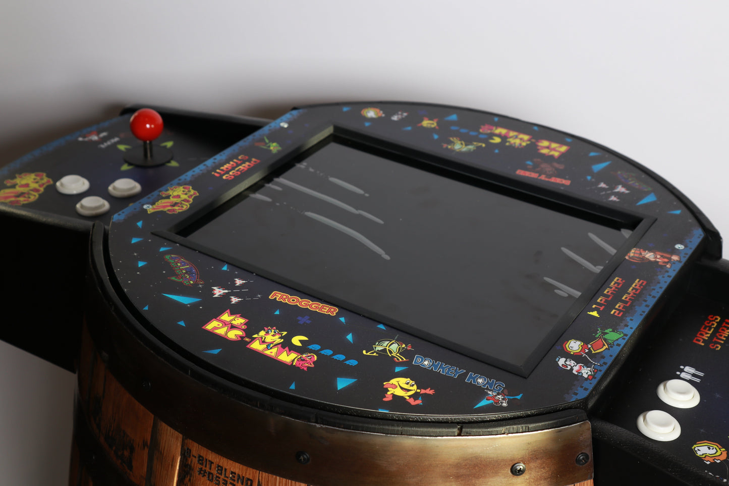 Handmade Whiskey Barrel Arcade Table with 60 Classic Games Inside