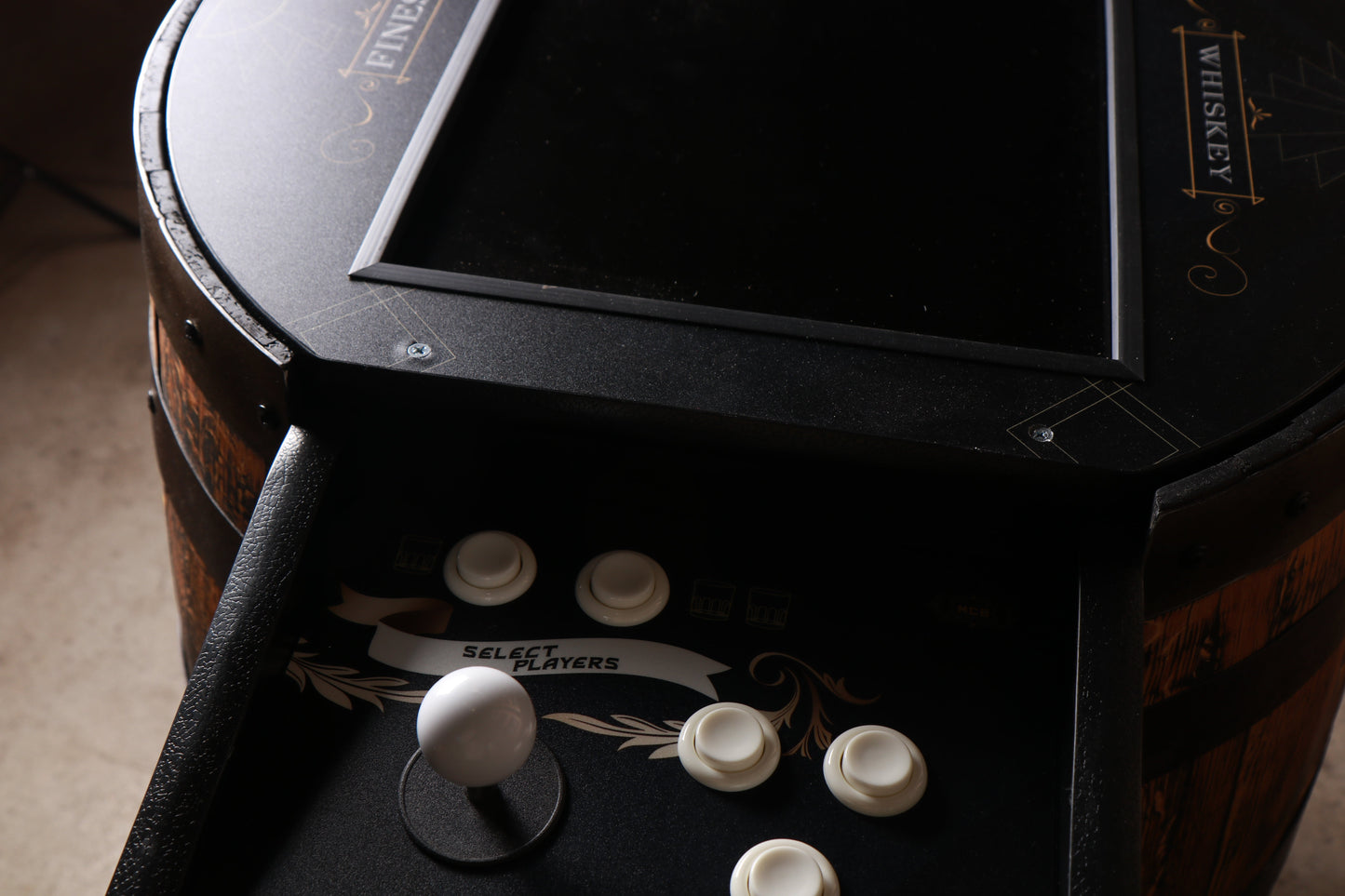 Handmade Whiskey Barrel Arcade Table with 60 Classic Games Inside