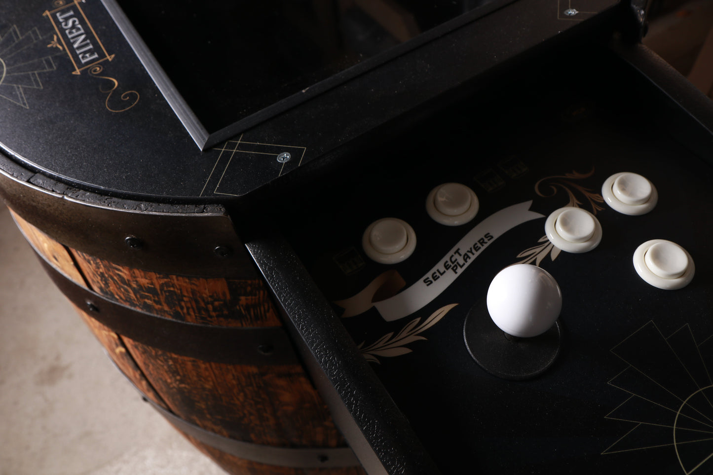 Handmade Whiskey Barrel Arcade Table with 60 Classic Games Inside