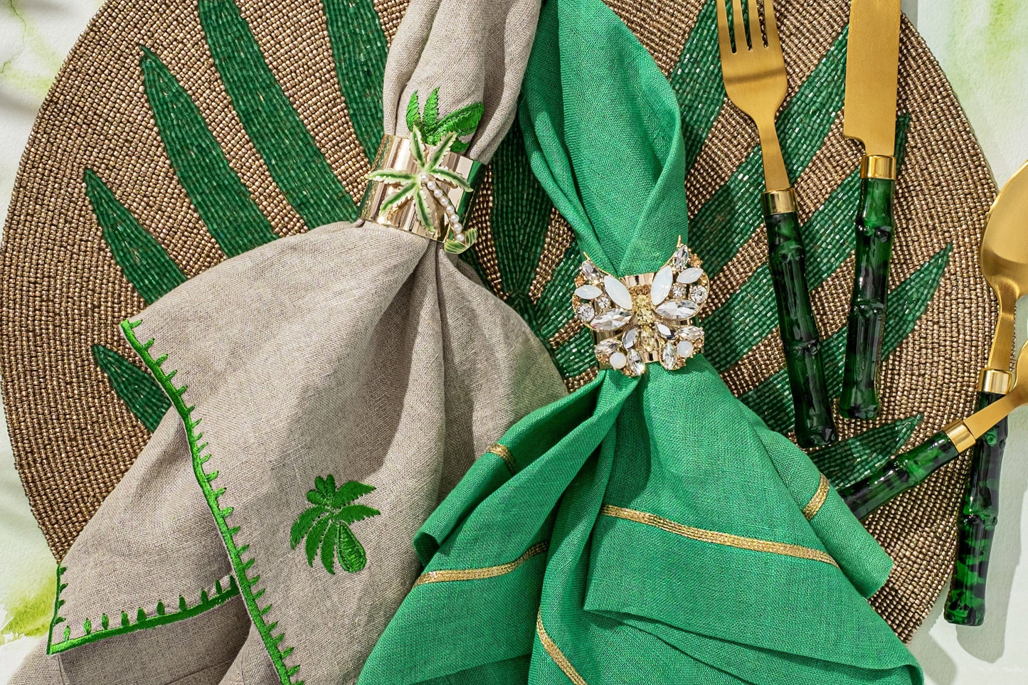 Palm Tree Embroidered Flax Dinner Napkins Set of Two