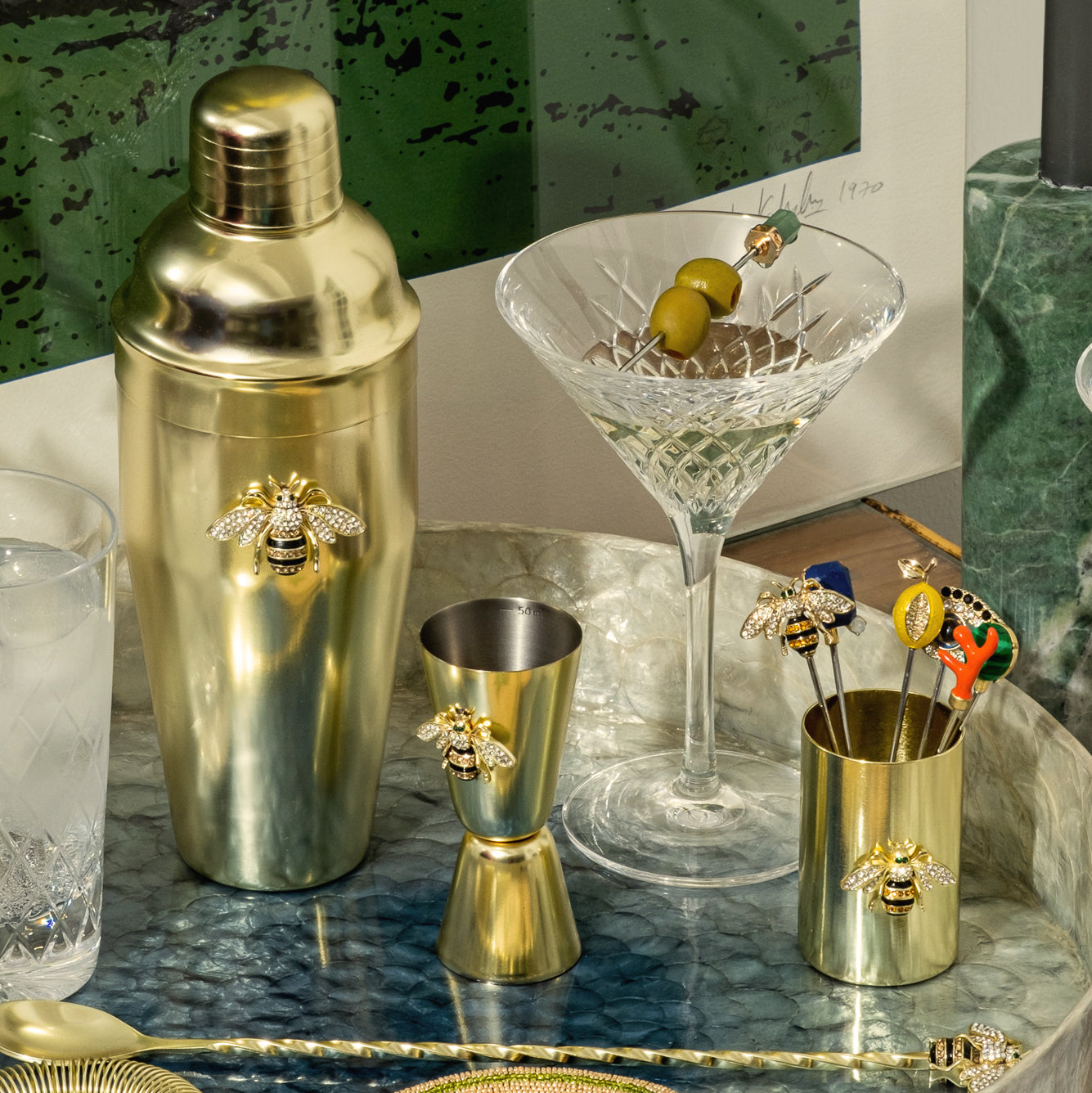 Luxury Stripey Bee Cocktail Shaker & Bar Tool Gift Set