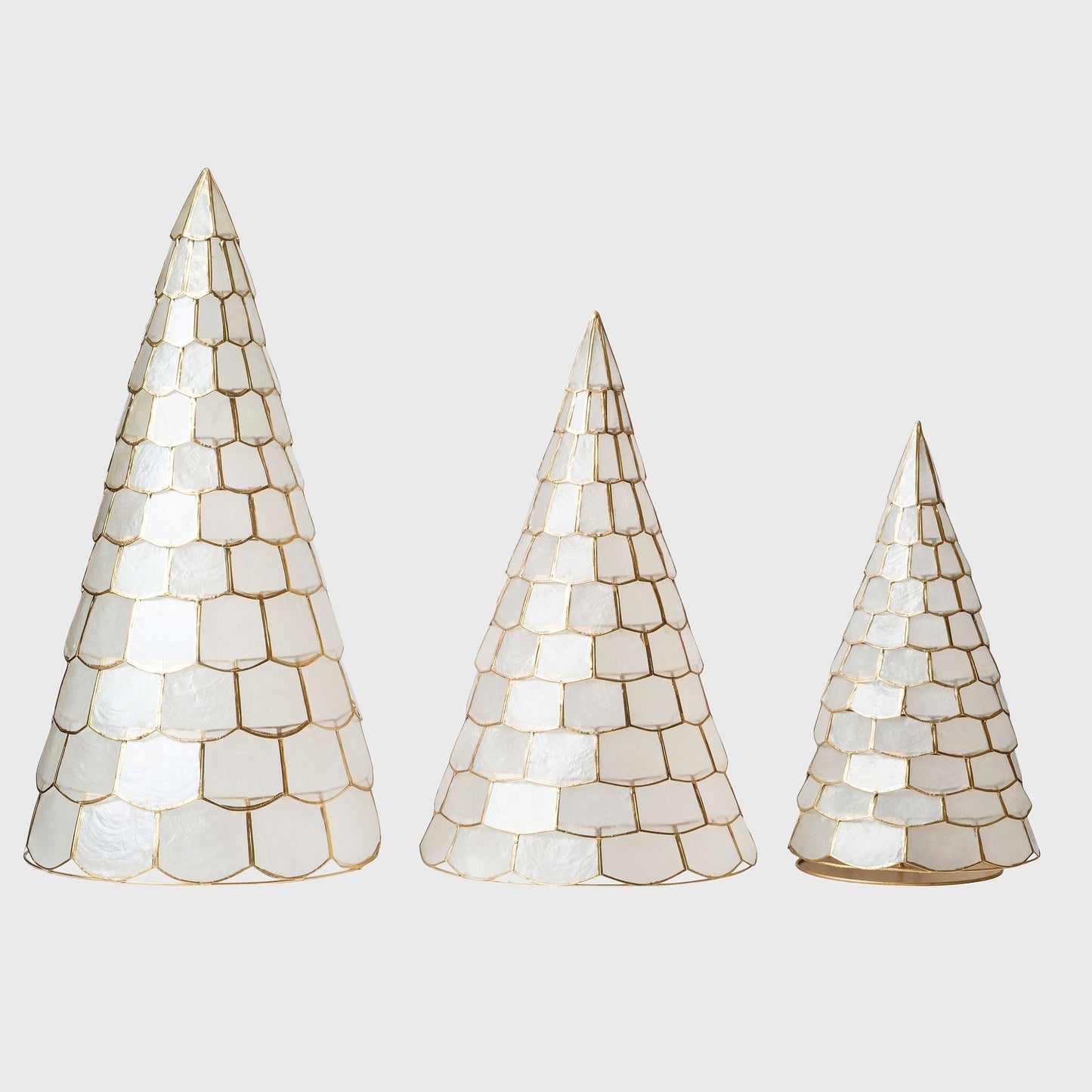 White Capiz Christmas Trees, Set of Three, Glowing Sculptural Decor
