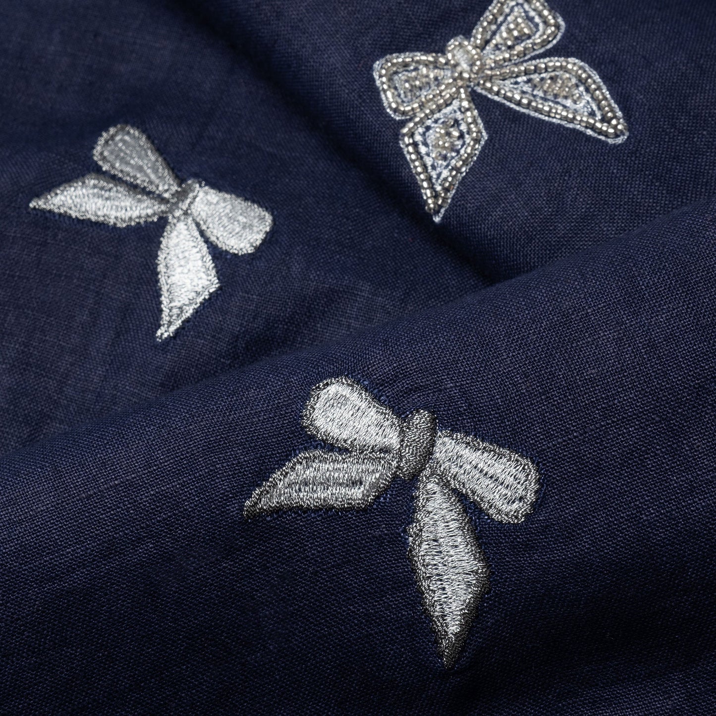 Extra Large Navy Bow Table Runner, Hand-Embroidered Luxe Holiday Statement