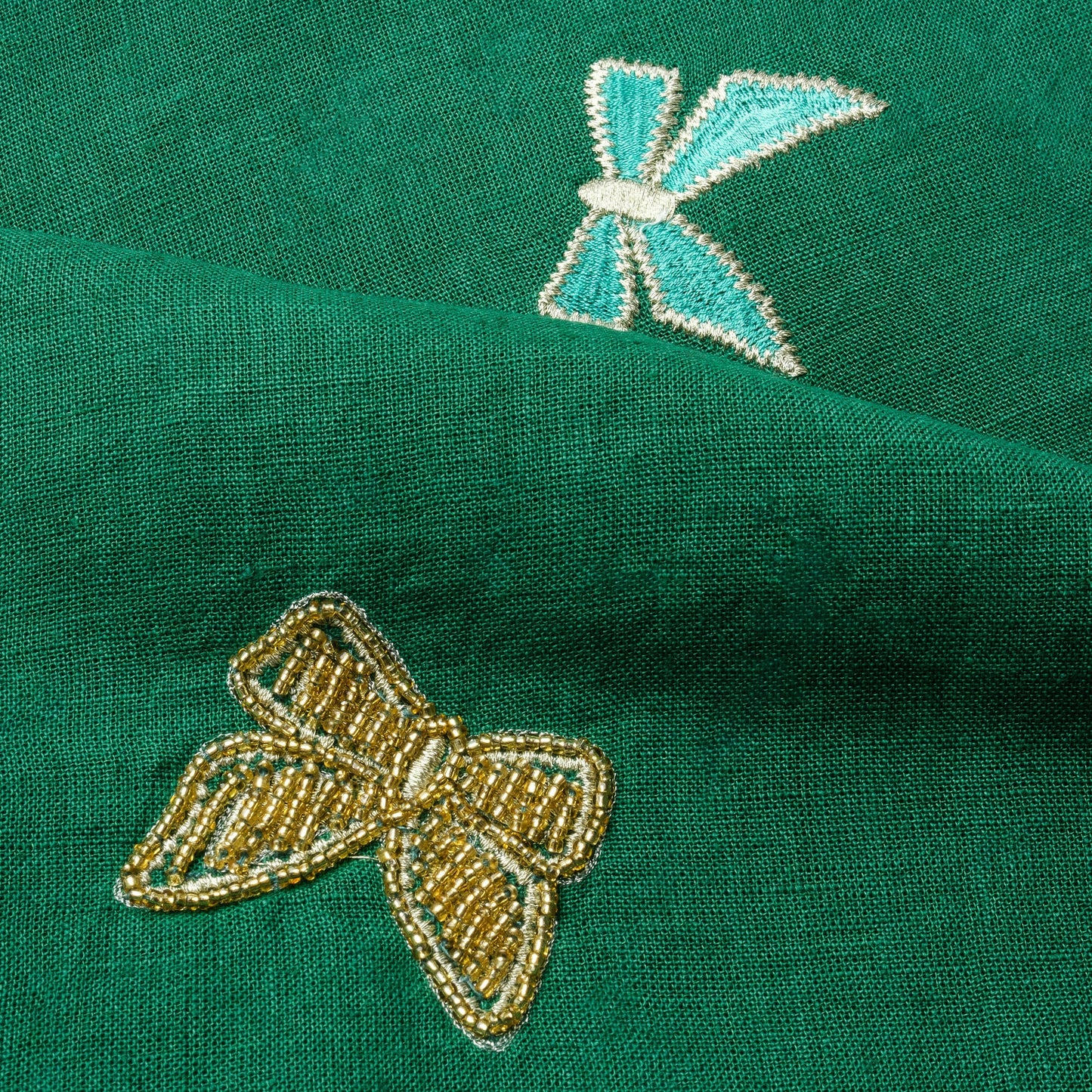 Extra Large Hunter Green Bow Runner, Hand-Embroidered Luxe Holiday Accent