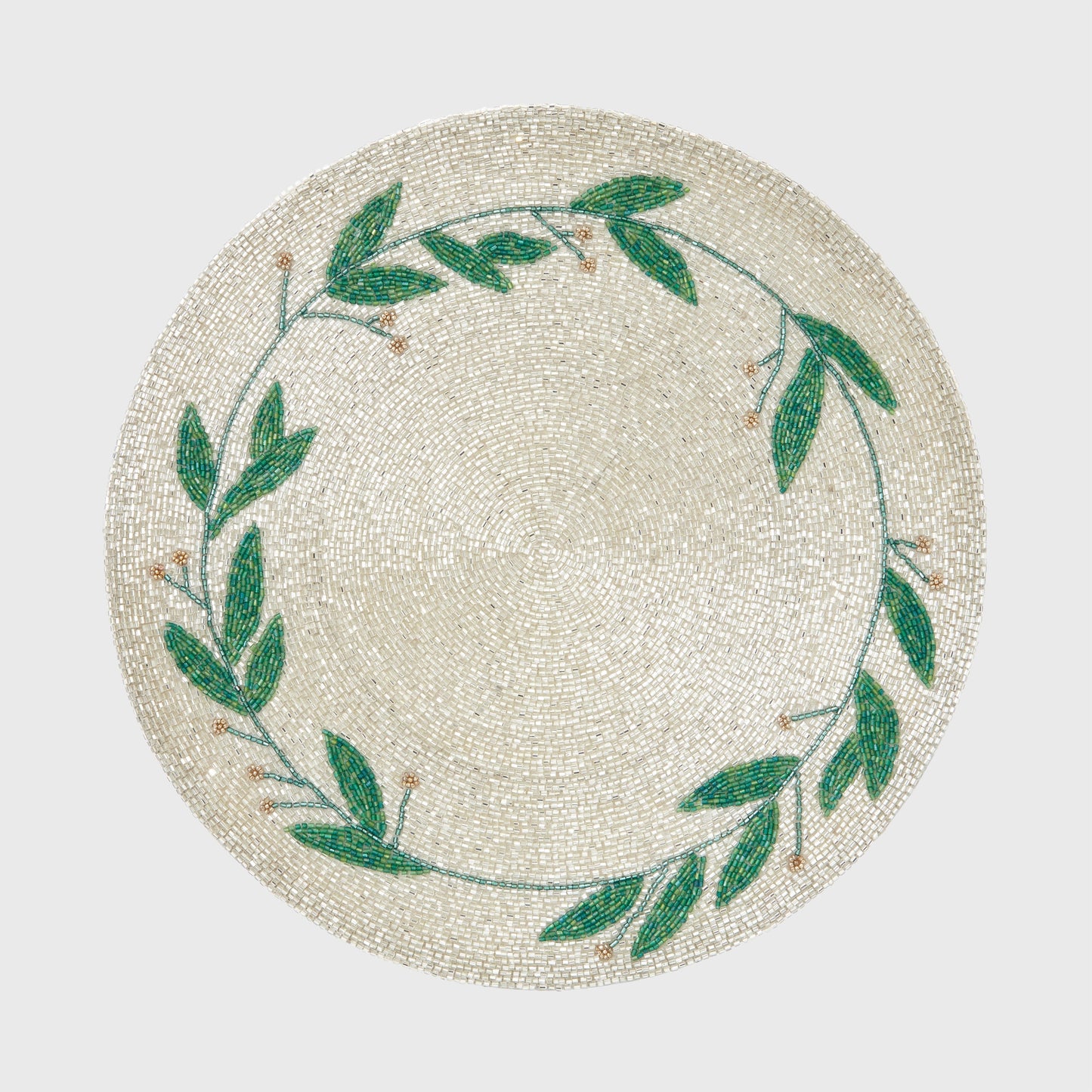 Hand-beaded mistletoe placemat with clear, green and gold glass beads on a soft linen base