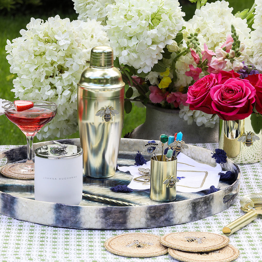 Extra large striped capiz tray, blue