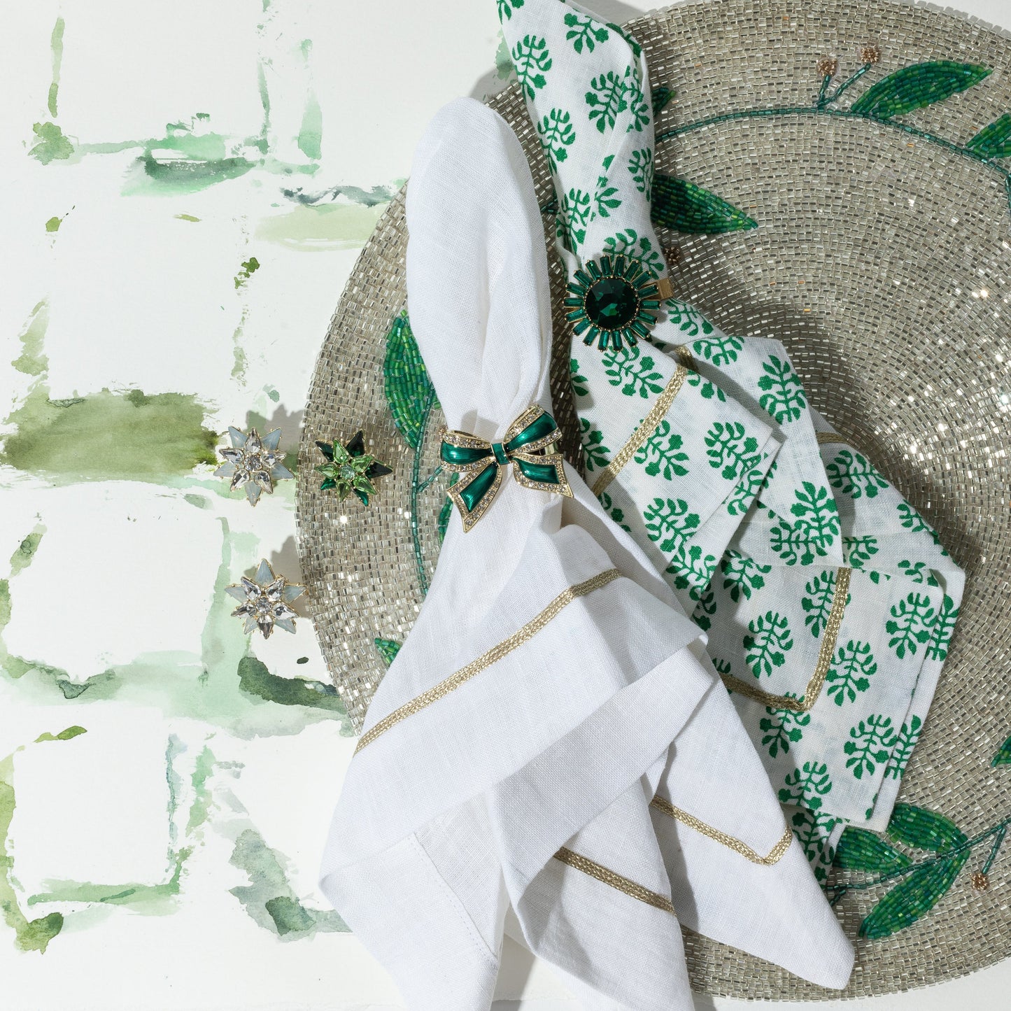 Enamel Bow Skinny Napkin Rings Green Set of Four Holiday Table
