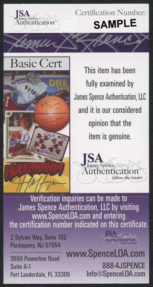 JSA authentication certificate for a sports memorabilia item with a basketball and cards on a purple background.