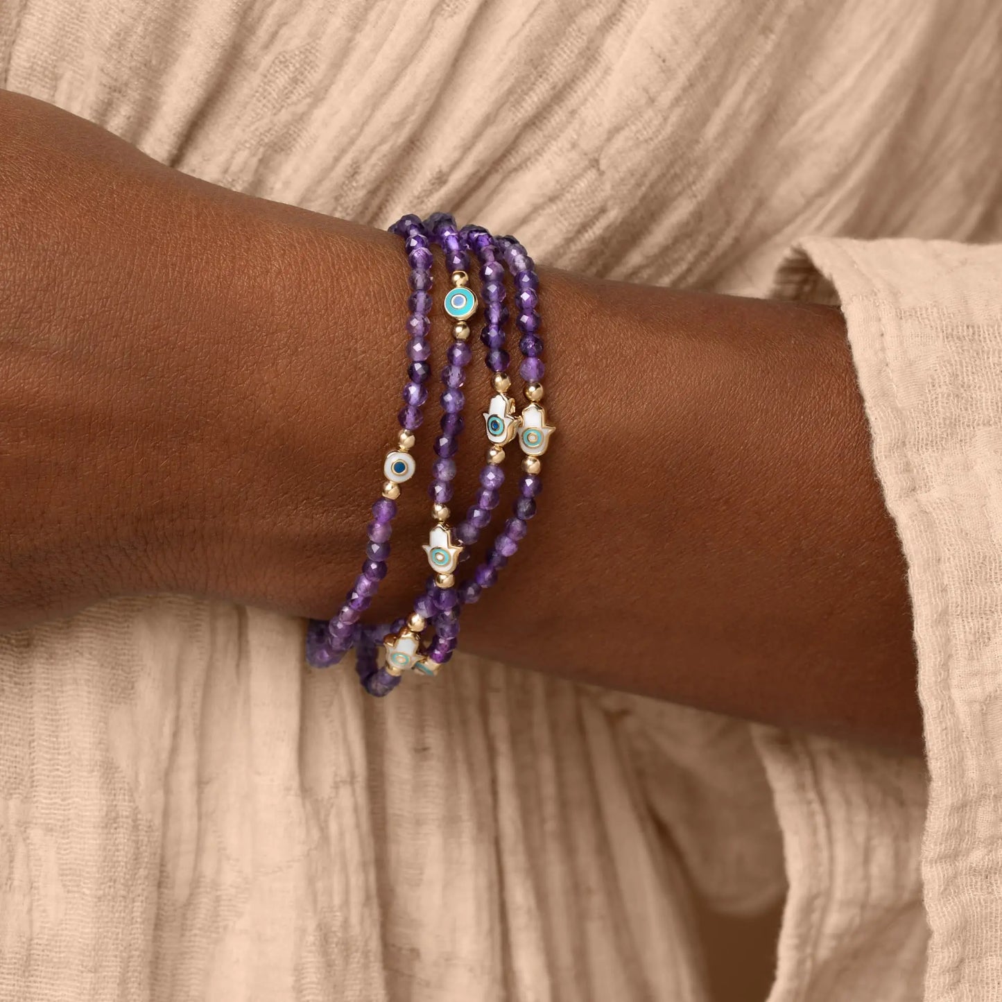 Inner Wisdom Amethyst Hamsa Evil Eye Charm Bracelet — 18K Gold-Plated