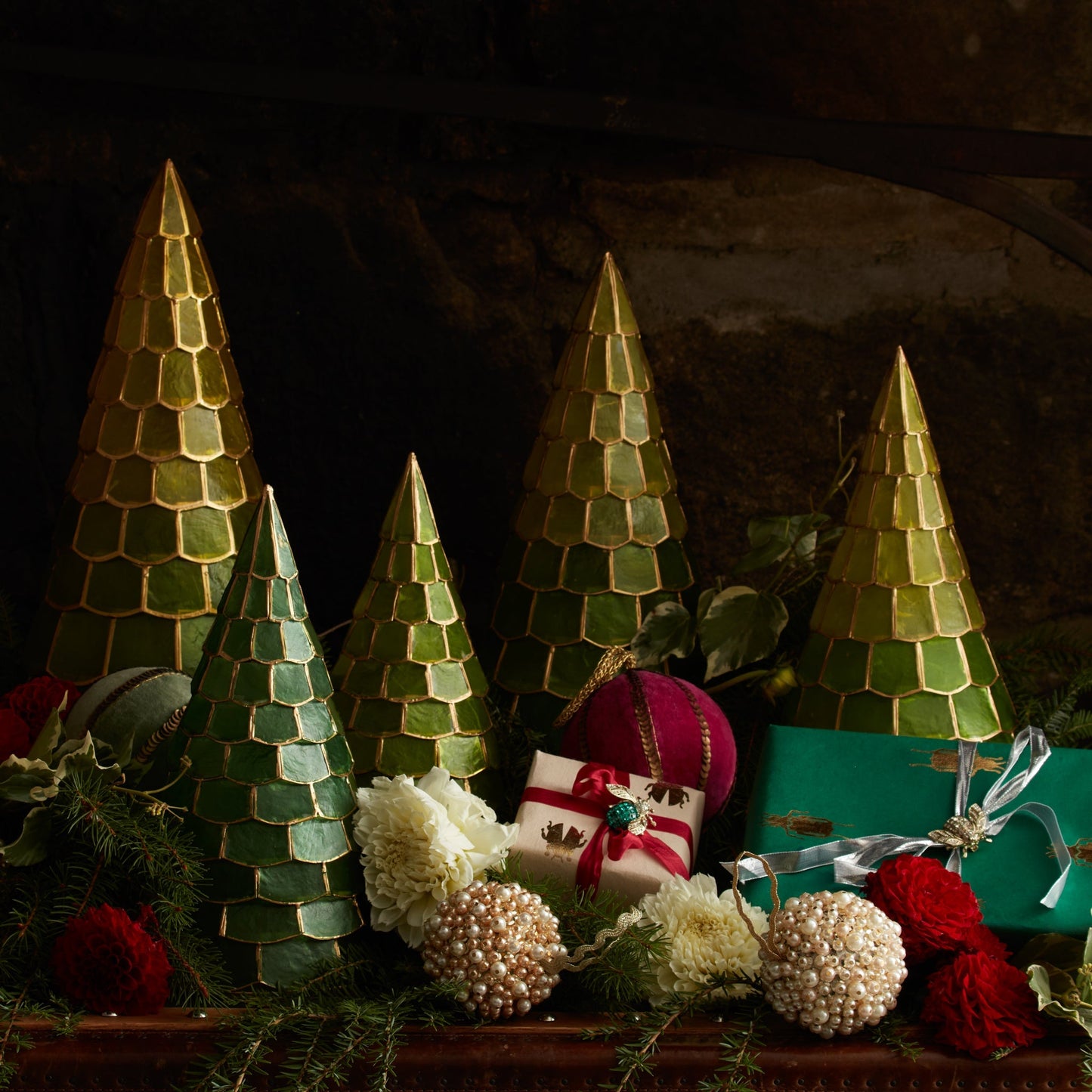 White Capiz Christmas Trees, Set of Three, Glowing Sculptural Decor