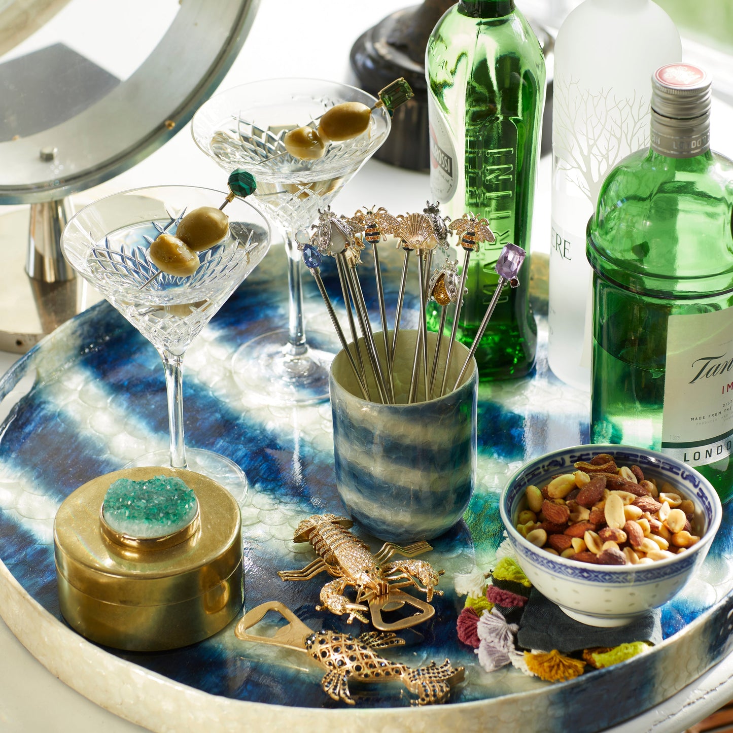 Luxury Extra Large Striped Blue Capiz Shell Decorative Tray