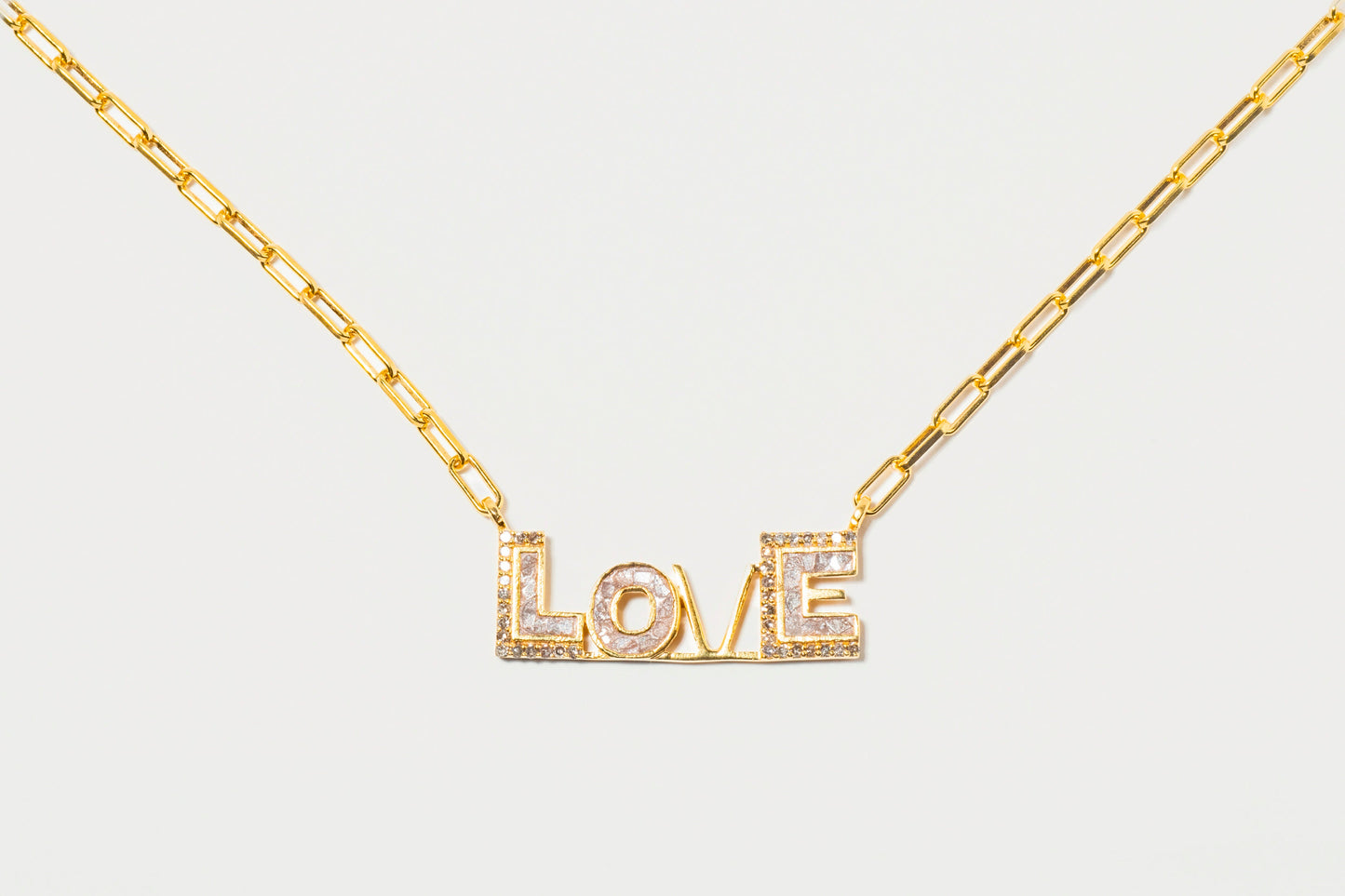 Love Gold Vermeil Pendant Necklace with Raw Diamonds and Rose Resin