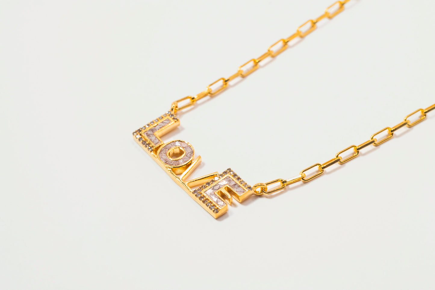 Love Gold Vermeil Pendant Necklace with Raw Diamonds and Rose Resin