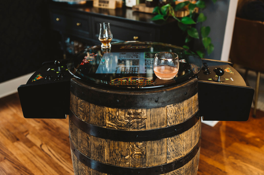 Handmade Whiskey Barrel Arcade Table with 60 Classic Games Inside