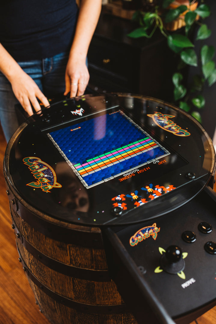 Handmade Whiskey Barrel Arcade Table with 60 Classic Games Inside