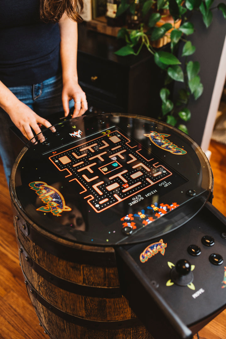Handmade Whiskey Barrel Arcade Table with 60 Classic Games Inside