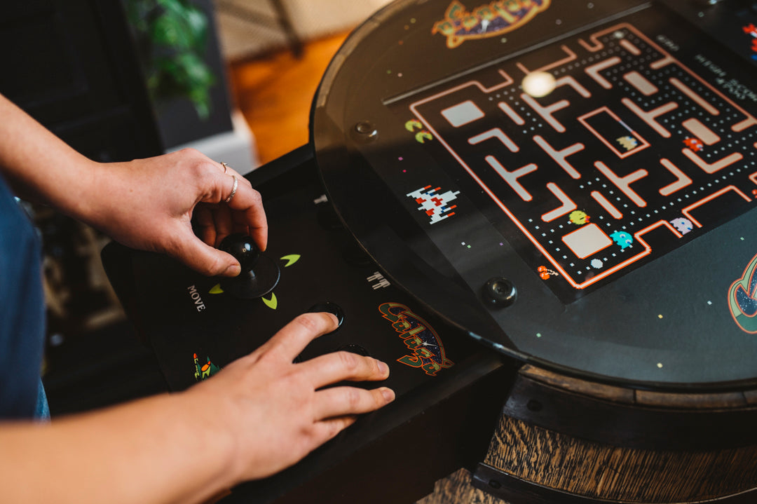 Handmade Whiskey Barrel Arcade Table with 60 Classic Games Inside