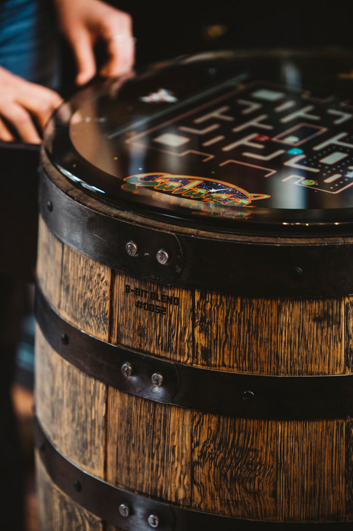 Handmade Whiskey Barrel Arcade Table with 60 Classic Games Inside