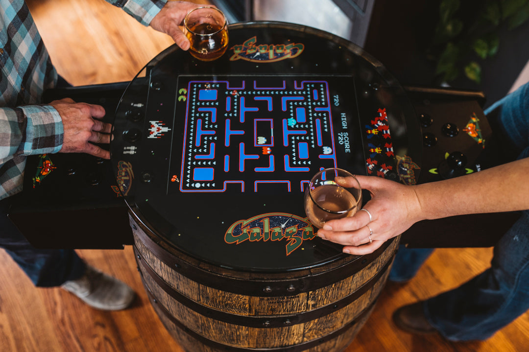 Handmade Whiskey Barrel Arcade Table with 60 Classic Games Inside