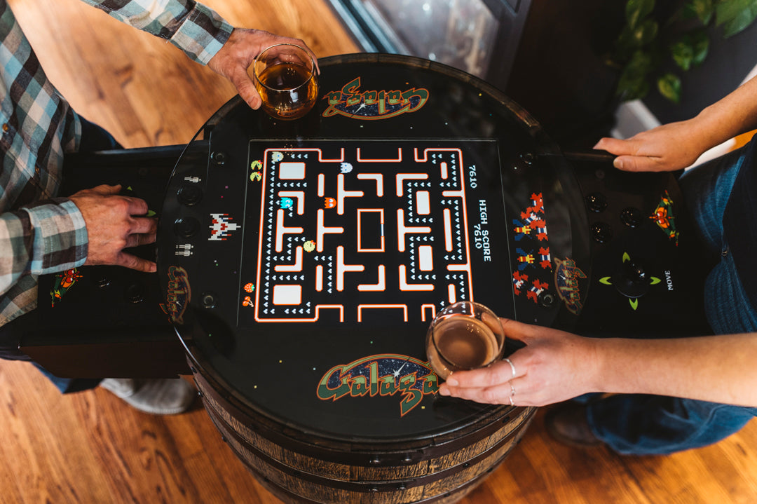 Handmade Whiskey Barrel Arcade Table with 60 Classic Games Inside