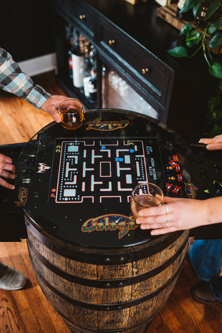 Handmade Whiskey Barrel Arcade Table with 60 Classic Games Inside