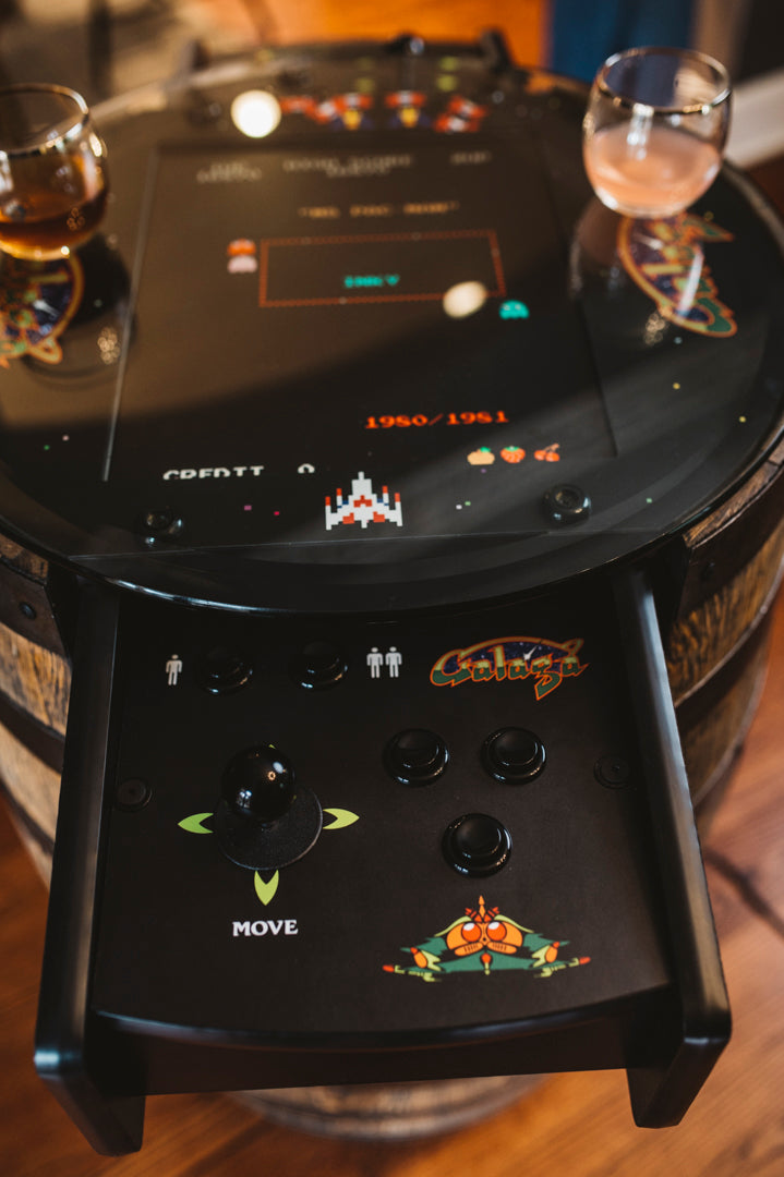 Handmade Whiskey Barrel Arcade Table with 60 Classic Games Inside