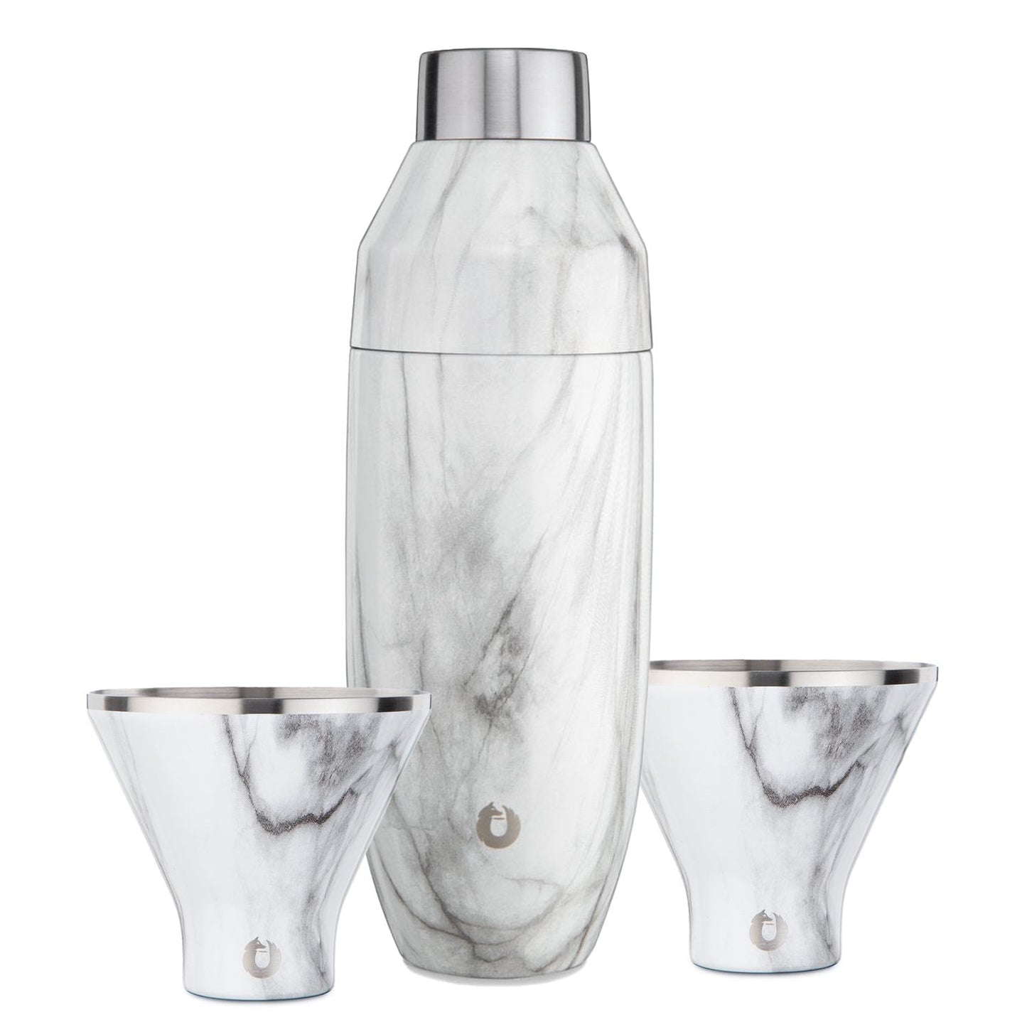 Marble-patterned cocktail shaker and two glasses on a white background