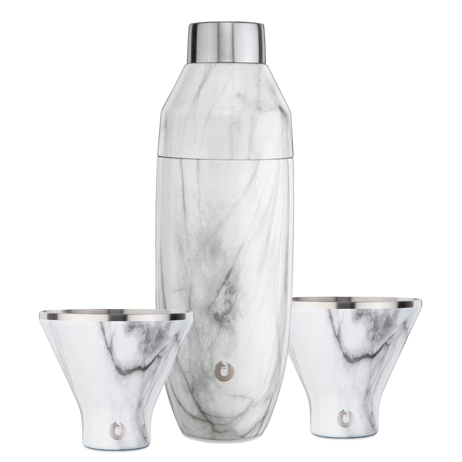 Marble-patterned cocktail shaker and two glasses on a white background