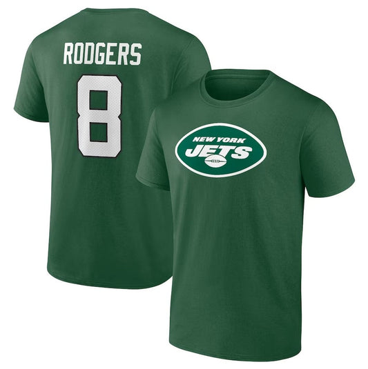 Green t-shirt with 'Rodgers 8' on the back and New York Jets logo on the front