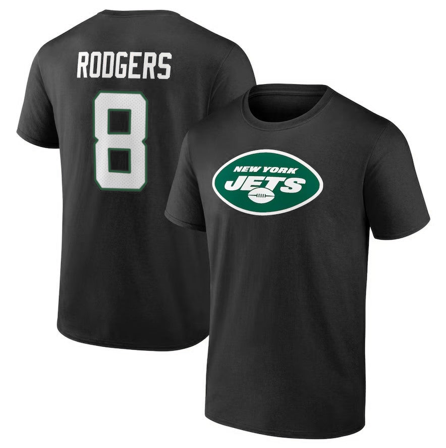 Black t-shirt with 'Rodgers 8' on the back and New York Jets logo on the front