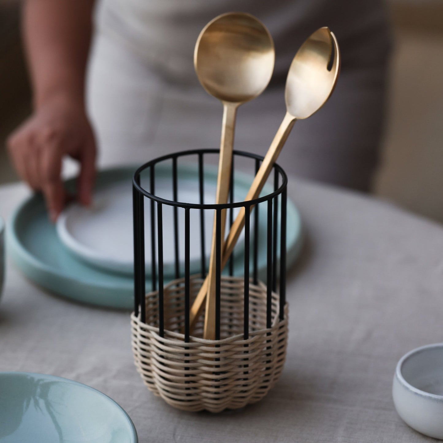 Cabo Rattan and Iron Kitchen Utensil Holder, Medium Cylinder Organizer