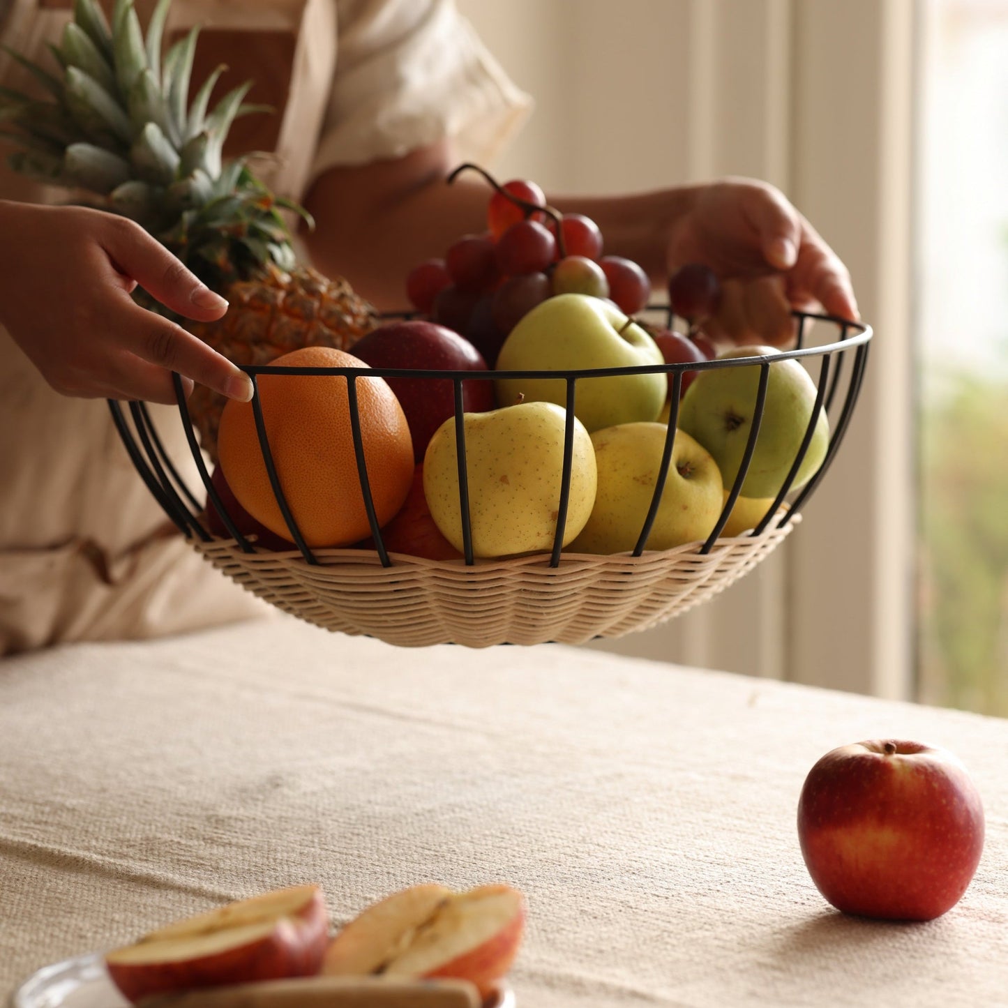 Cabo Rattan & Iron Fruit Basket, Airy Modern Centerpiece Bowl