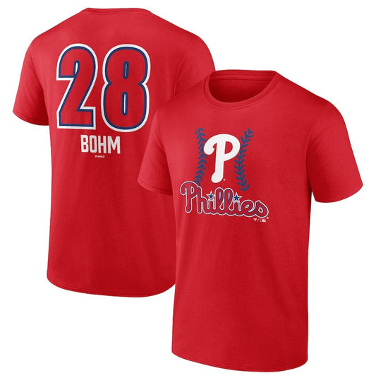 Red t-shirt with number 28, name 'BOHM', and Phillies logo on a white background