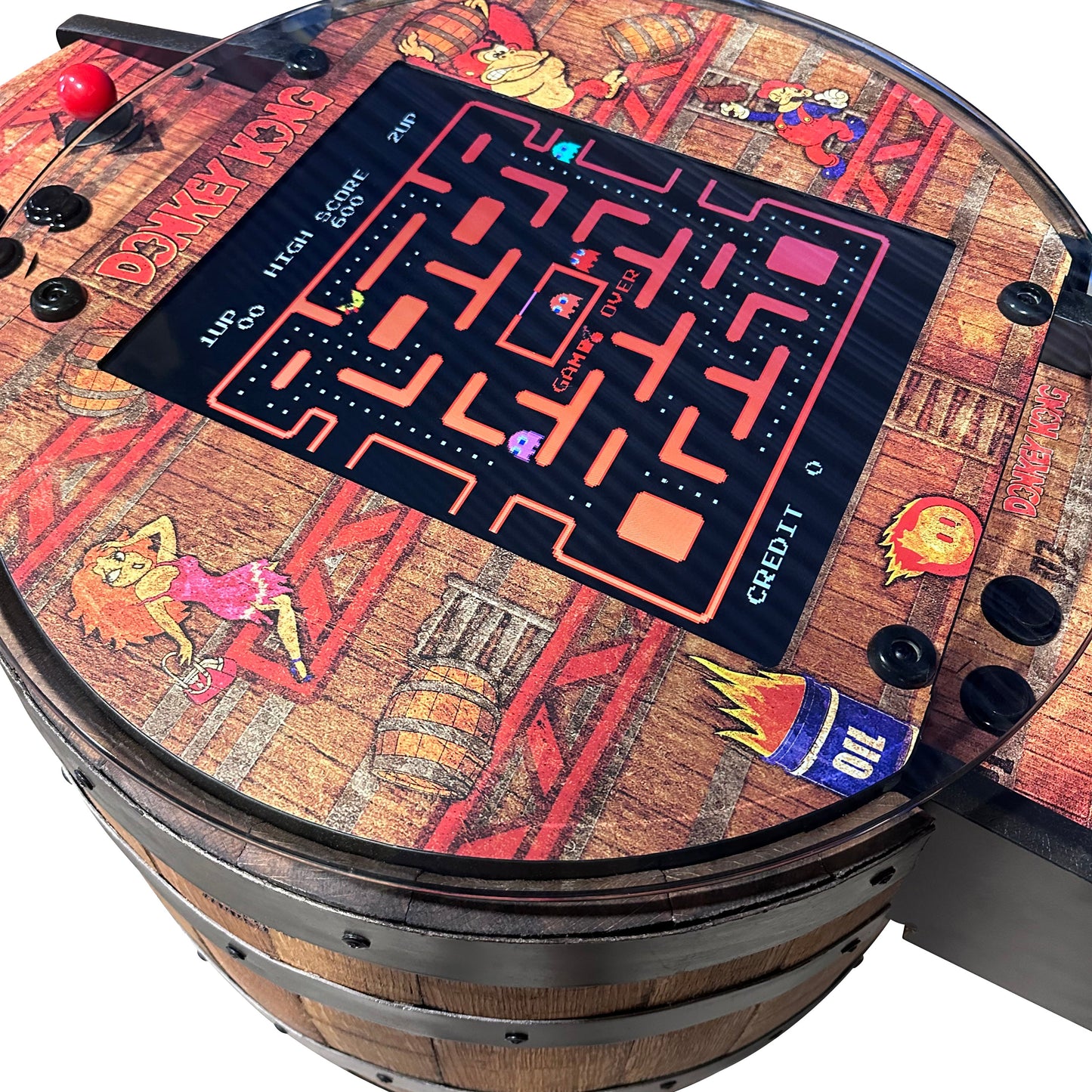Handmade Whiskey Barrel Arcade Table with 60 Classic Games Inside