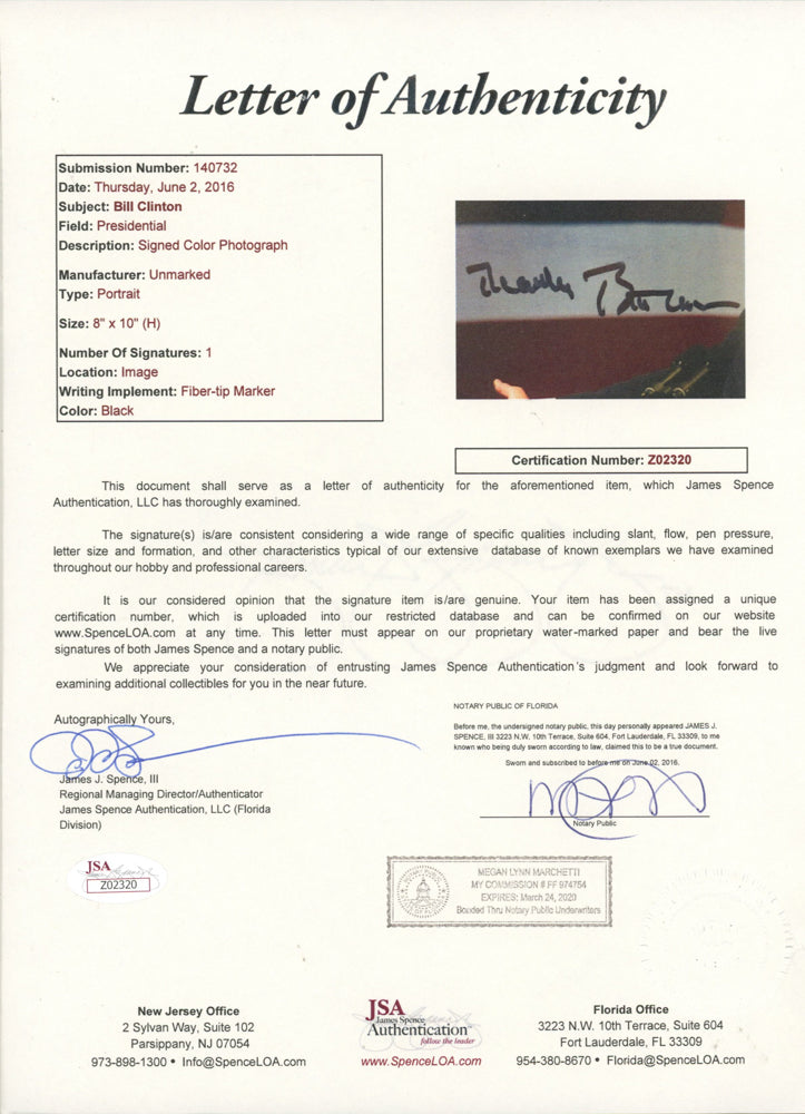 Letter of Authenticity for a Bill Clinton presidential portrait with JSA authentication.